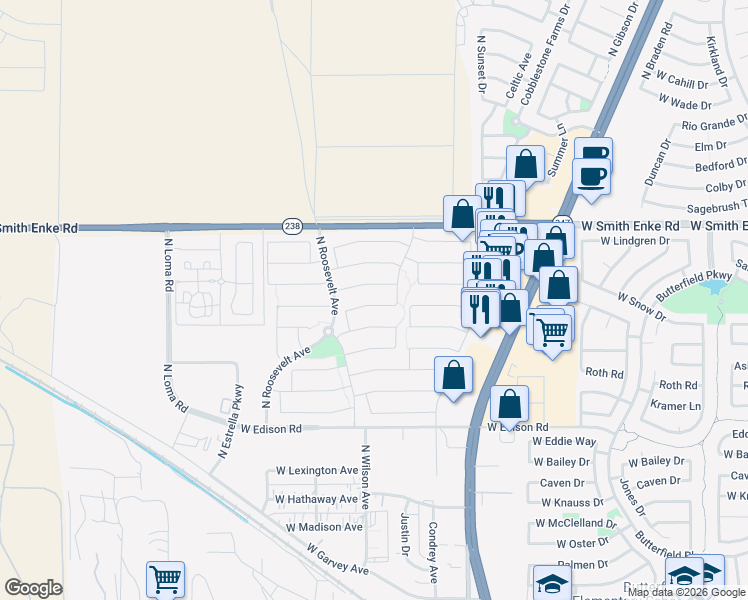 map of restaurants, bars, coffee shops, grocery stores, and more near 45074 Gavilan Drive in Maricopa