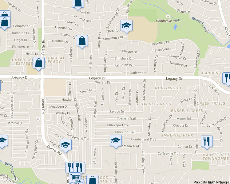 map of restaurants, bars, coffee shops, grocery stores, and more near 6908 Vero Drive in Plano