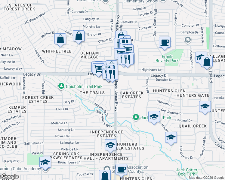 map of restaurants, bars, coffee shops, grocery stores, and more near 3020 Legacy Drive in Plano