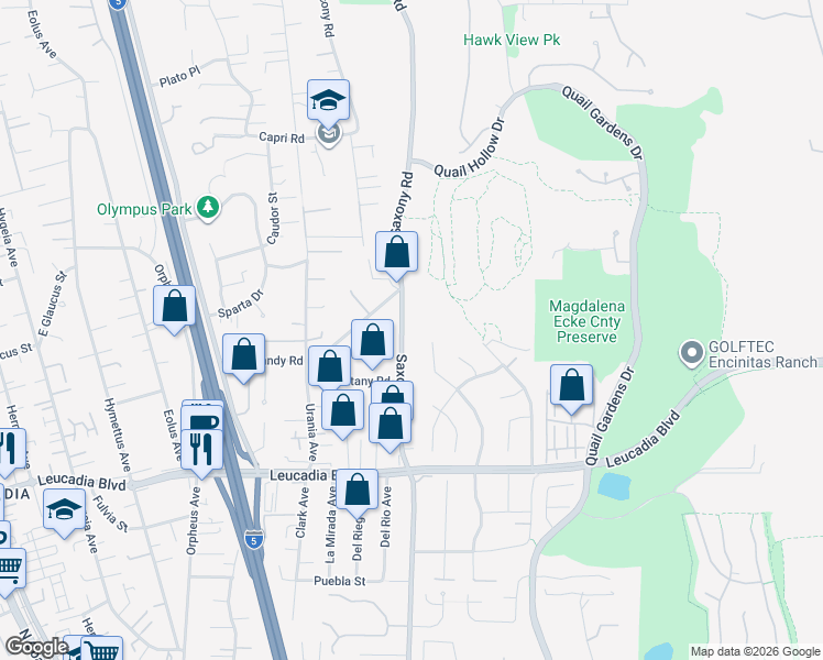 map of restaurants, bars, coffee shops, grocery stores, and more near 1139 Saxony Road in Encinitas
