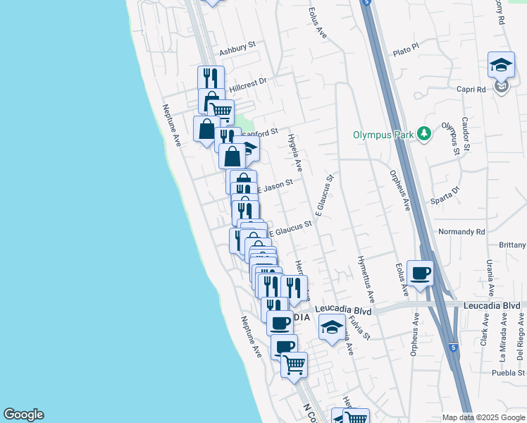 map of restaurants, bars, coffee shops, grocery stores, and more near 1251 North Vulcan Avenue in Encinitas