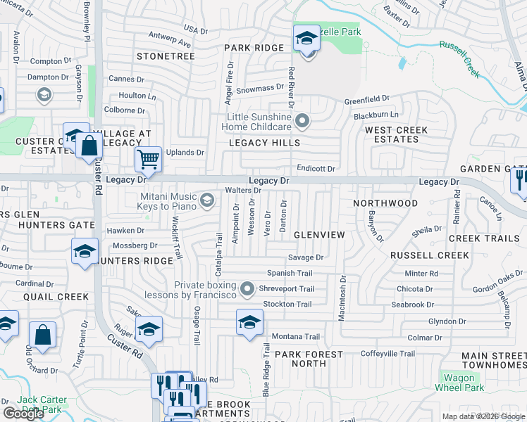 map of restaurants, bars, coffee shops, grocery stores, and more near 6908 Vero Drive in Plano