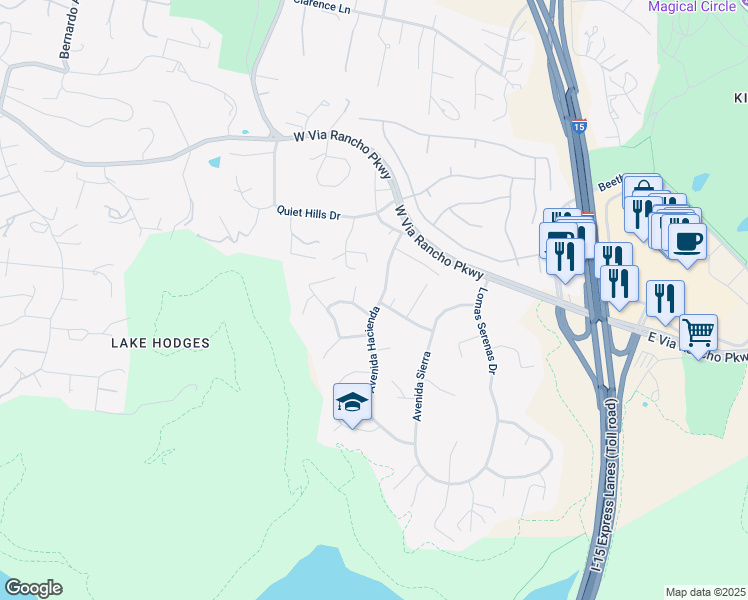 map of restaurants, bars, coffee shops, grocery stores, and more near 3209 Avenida Hacienda in Escondido