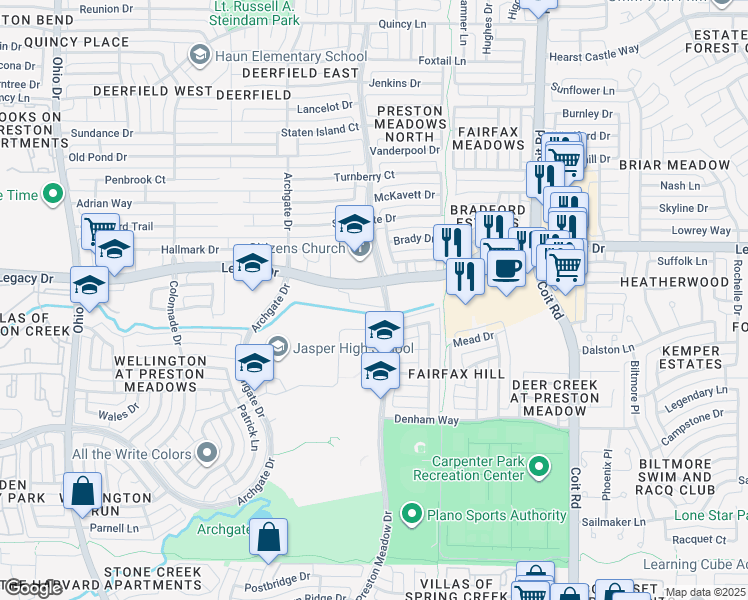 map of restaurants, bars, coffee shops, grocery stores, and more near 7001 Carta Valley Drive in Plano