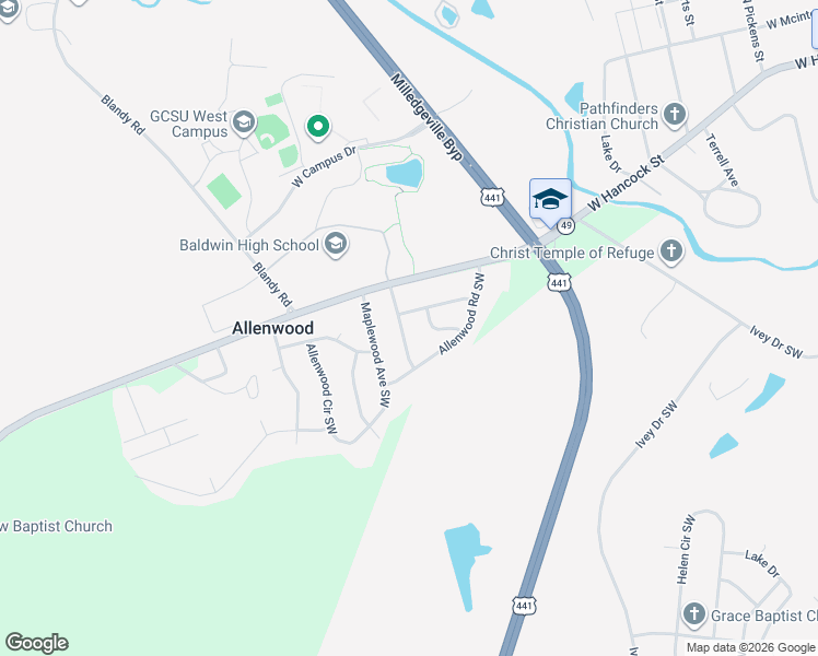 map of restaurants, bars, coffee shops, grocery stores, and more near 104 Sycamore Road Southwest in Milledgeville