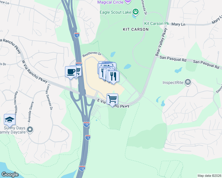 map of restaurants, bars, coffee shops, grocery stores, and more near 272 East Via Rancho Parkway in Escondido