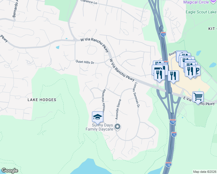 map of restaurants, bars, coffee shops, grocery stores, and more near 3202 Avenida Hacienda in Escondido