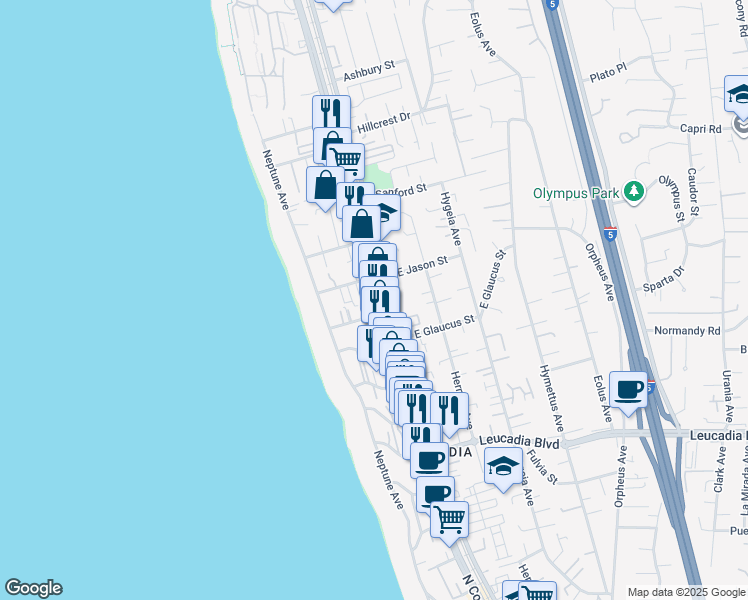 map of restaurants, bars, coffee shops, grocery stores, and more near 1244 North Coast Highway 101 in Encinitas