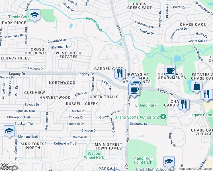 map of restaurants, bars, coffee shops, grocery stores, and more near 1129 Canoe Lane in Plano