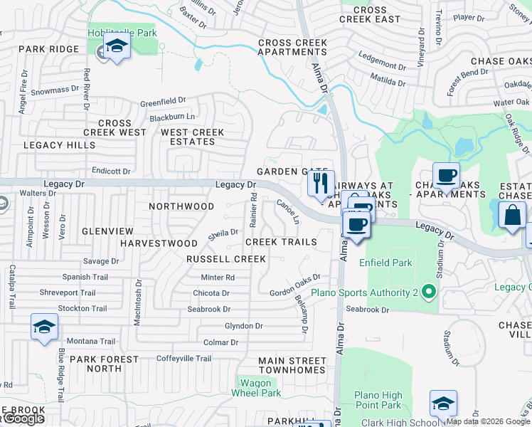 map of restaurants, bars, coffee shops, grocery stores, and more near 1201 Canoe Lane in Plano