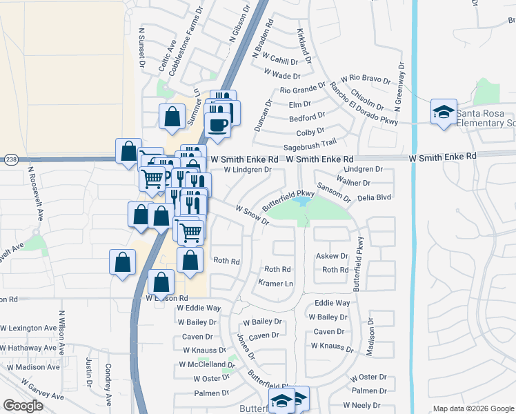 map of restaurants, bars, coffee shops, grocery stores, and more near 20917 North Sansom Drive in Maricopa