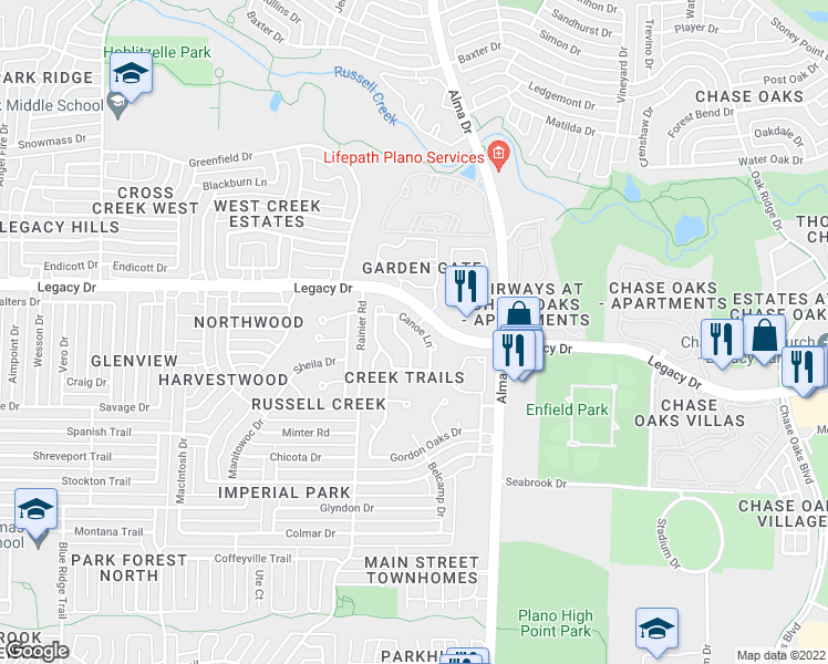map of restaurants, bars, coffee shops, grocery stores, and more near 1129 Canoe Lane in Plano