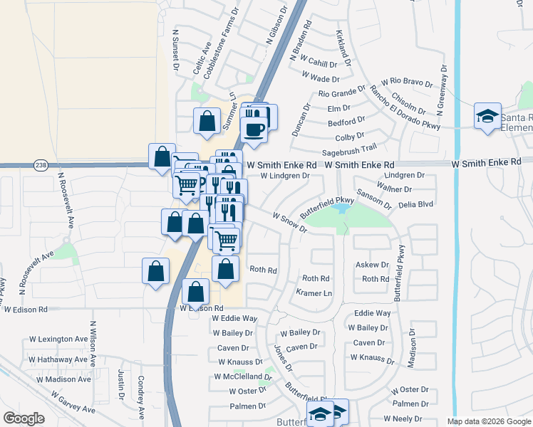 map of restaurants, bars, coffee shops, grocery stores, and more near 20984 North Jocelyn Lane in Maricopa