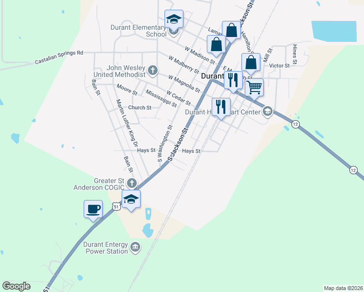 map of restaurants, bars, coffee shops, grocery stores, and more near 14959 South Jackson Street in Durant