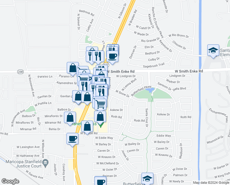 map of restaurants, bars, coffee shops, grocery stores, and more near 44175 West Snow Drive in Maricopa