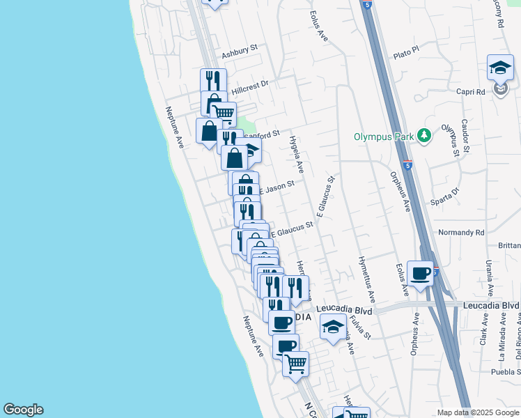 map of restaurants, bars, coffee shops, grocery stores, and more near 1223 North Vulcan Avenue in Encinitas