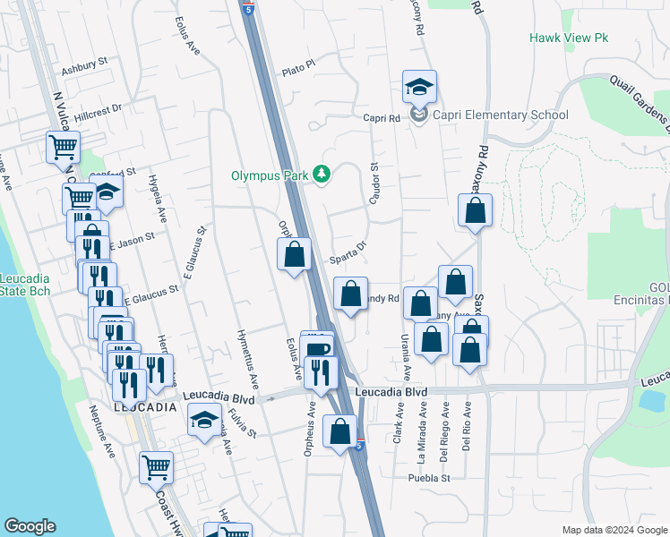 map of restaurants, bars, coffee shops, grocery stores, and more near 1215 Skyros Way in Encinitas