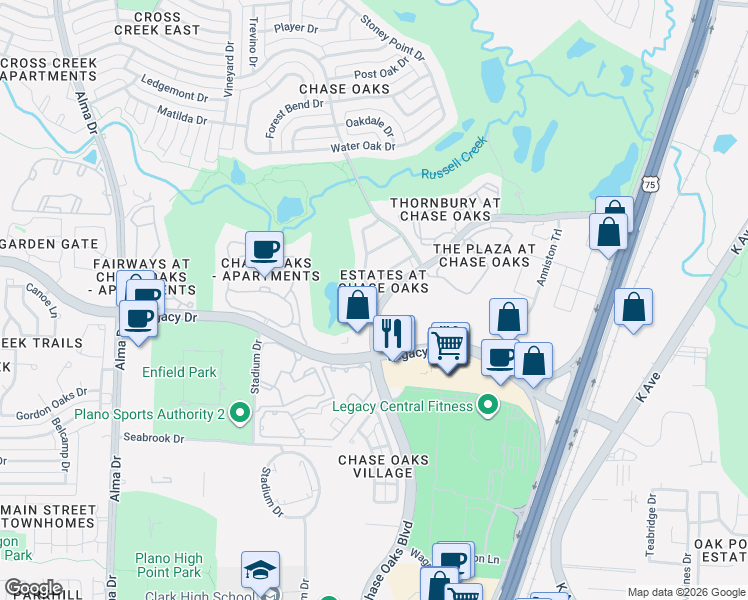 map of restaurants, bars, coffee shops, grocery stores, and more near 7101 Oakbrook Drive in Plano