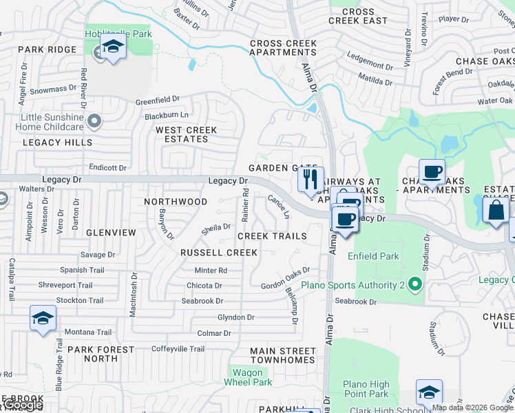 map of restaurants, bars, coffee shops, grocery stores, and more near 1201 Canoe Lane in Plano