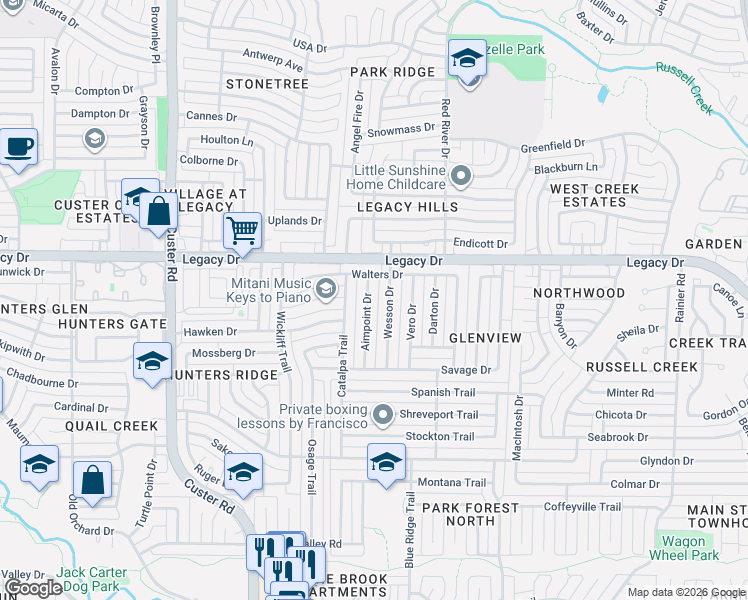 map of restaurants, bars, coffee shops, grocery stores, and more near 6909 Wesson Drive in Plano