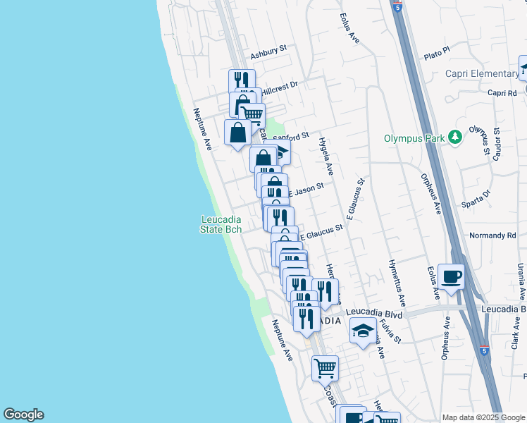 map of restaurants, bars, coffee shops, grocery stores, and more near 127 West Jason Street in Encinitas