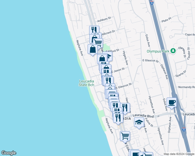 map of restaurants, bars, coffee shops, grocery stores, and more near 155 West Jason Street in Encinitas