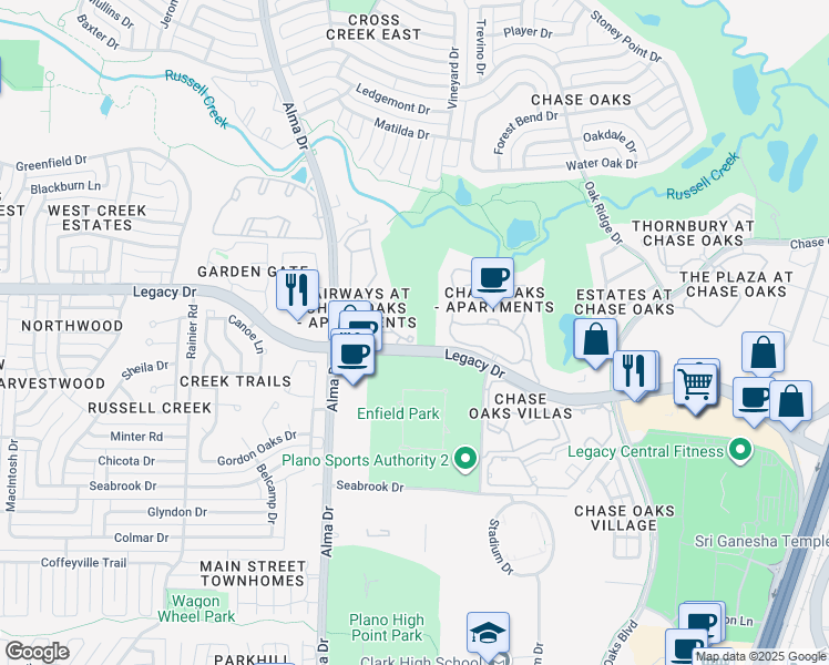 map of restaurants, bars, coffee shops, grocery stores, and more near 801 Legacy Drive in Plano