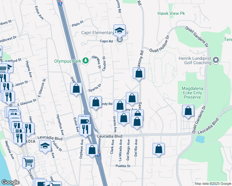 map of restaurants, bars, coffee shops, grocery stores, and more near 809 Sandy Court in Encinitas