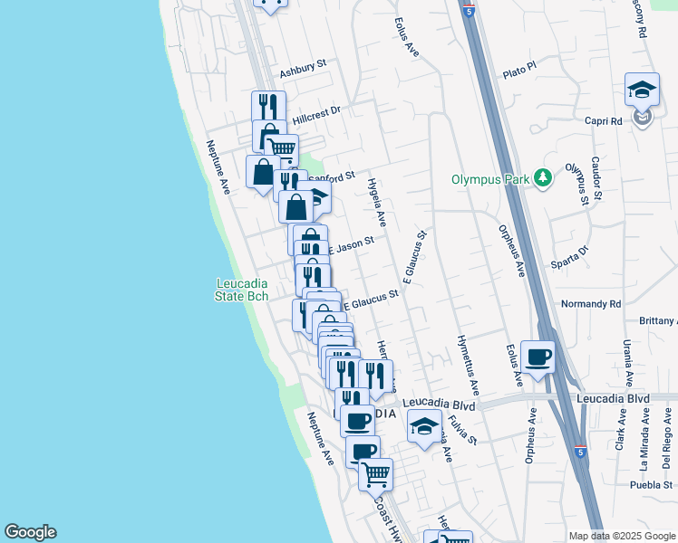 map of restaurants, bars, coffee shops, grocery stores, and more near 1229 North Vulcan Avenue in Encinitas