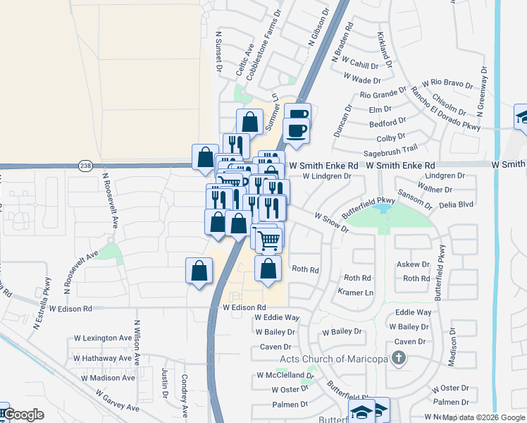 map of restaurants, bars, coffee shops, grocery stores, and more near 21101 North John Wayne Parkway in Maricopa