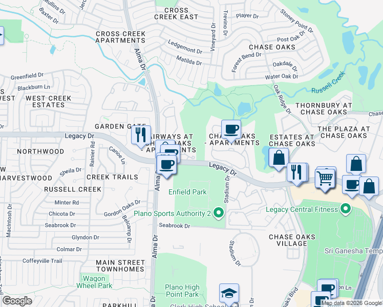 map of restaurants, bars, coffee shops, grocery stores, and more near 805 Legacy Drive in Plano