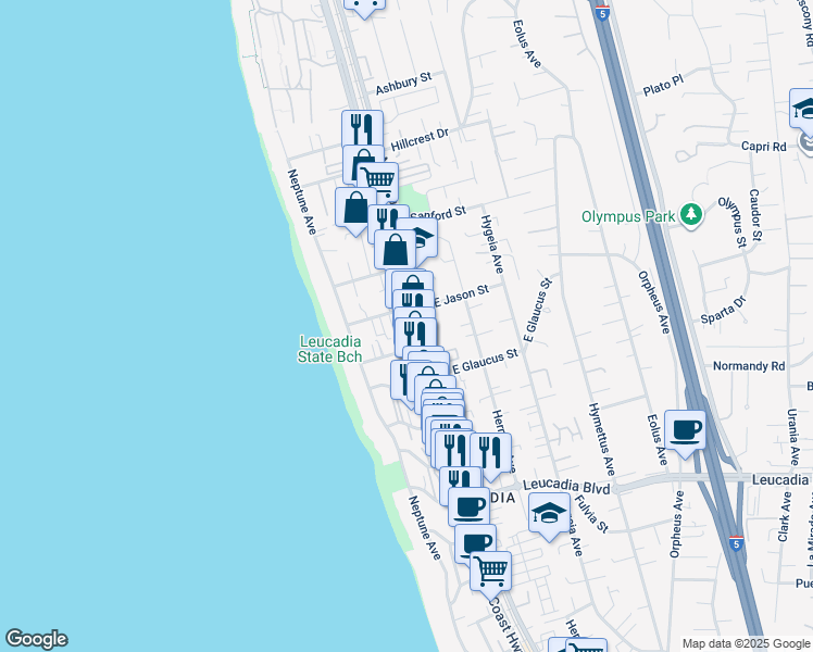 map of restaurants, bars, coffee shops, grocery stores, and more near 1244 North Coast Highway 101 in Encinitas