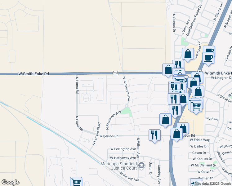 map of restaurants, bars, coffee shops, grocery stores, and more near 45391 Portabello Road in Maricopa