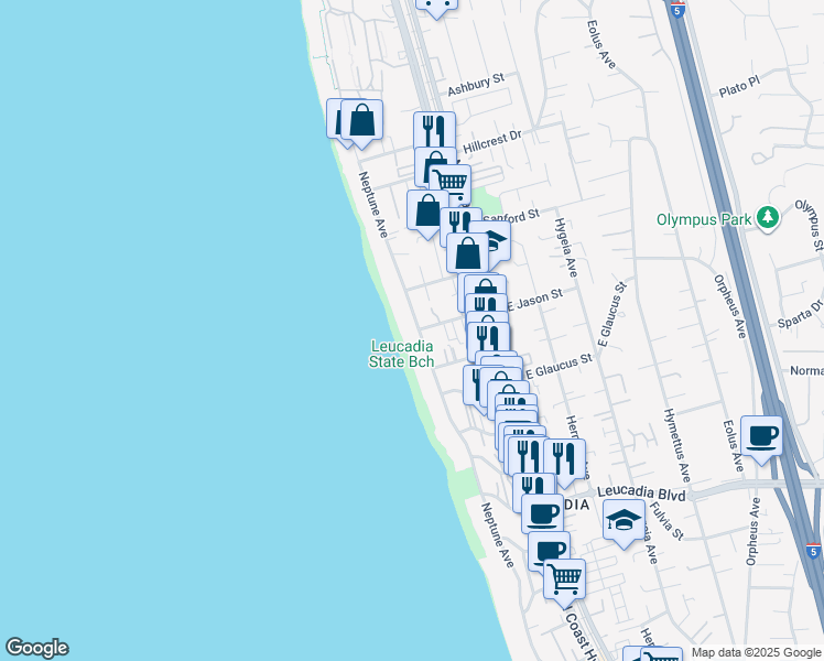map of restaurants, bars, coffee shops, grocery stores, and more near 1300 Neptune Avenue in Encinitas