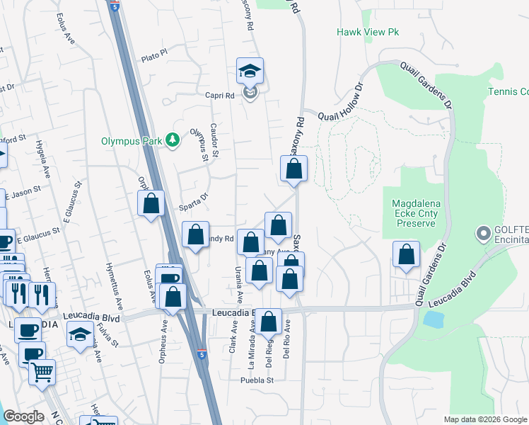 map of restaurants, bars, coffee shops, grocery stores, and more near 910 Normandy Road in Encinitas