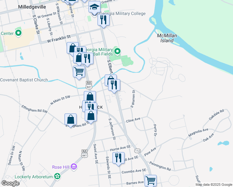 map of restaurants, bars, coffee shops, grocery stores, and more near 837 South Elbert Street in Milledgeville