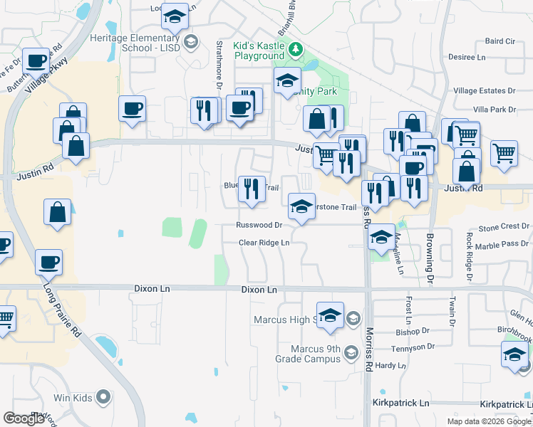 map of restaurants, bars, coffee shops, grocery stores, and more near 2505 Cross Haven Drive in Flower Mound
