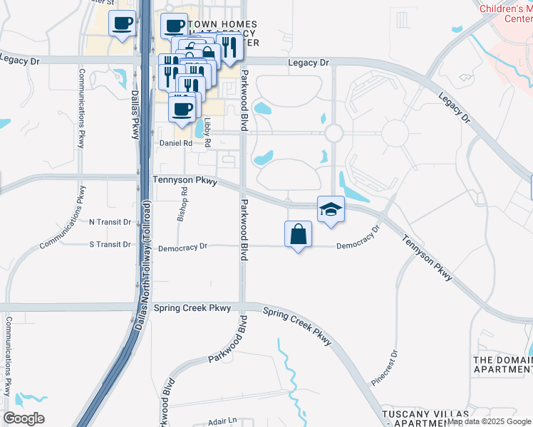 map of restaurants, bars, coffee shops, grocery stores, and more near 5600 Tennyson Parkway in Plano