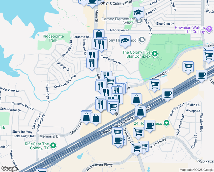 map of restaurants, bars, coffee shops, grocery stores, and more near 3806 Main Street in The Colony