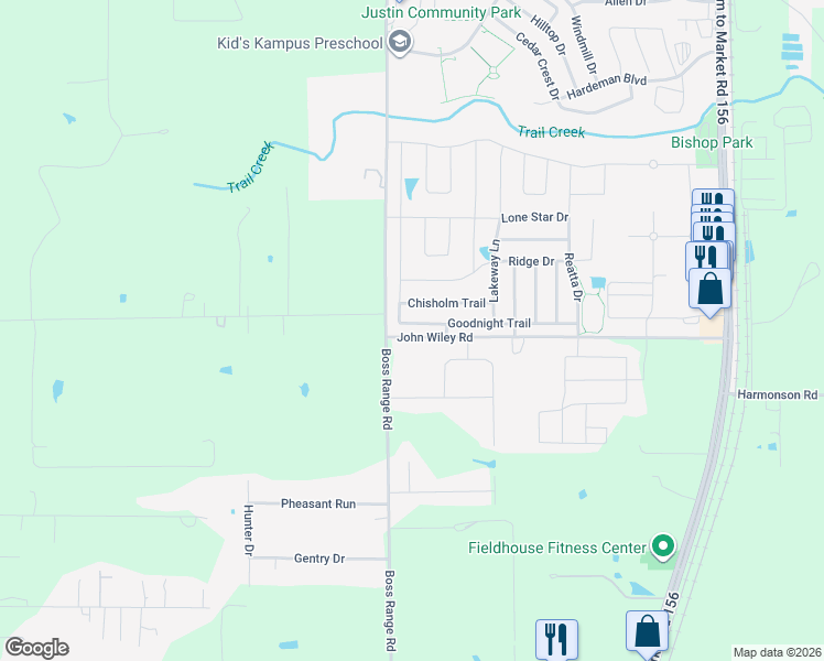 map of restaurants, bars, coffee shops, grocery stores, and more near 459 Goodnight Trail in Justin
