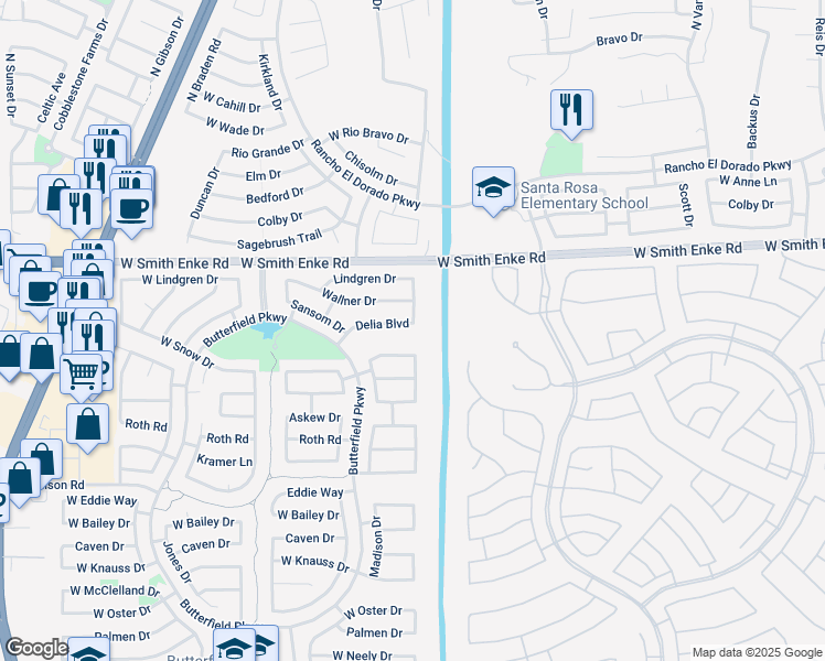 map of restaurants, bars, coffee shops, grocery stores, and more near 43191 Delia Boulevard in Maricopa