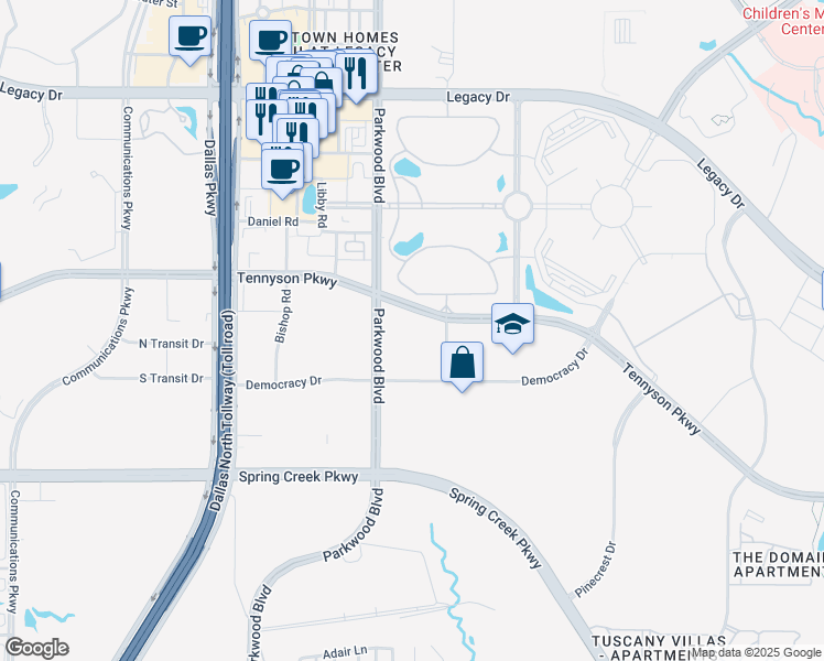 map of restaurants, bars, coffee shops, grocery stores, and more near 5600 Tennyson Parkway in Plano