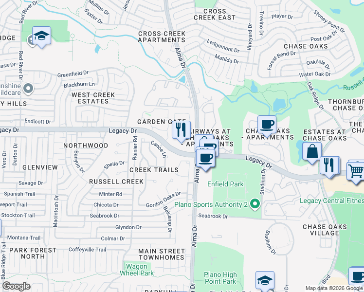 map of restaurants, bars, coffee shops, grocery stores, and more near 905 Legacy Dr in Plano