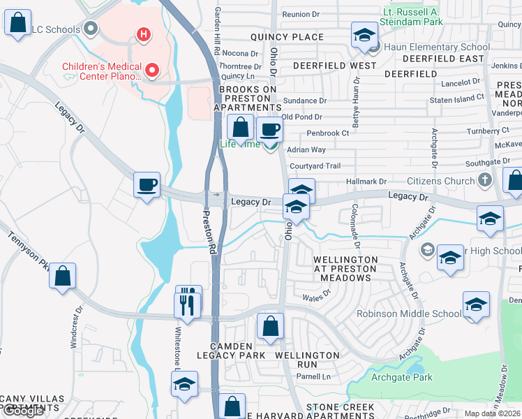 map of restaurants, bars, coffee shops, grocery stores, and more near 4850 Legacy Drive in Frisco