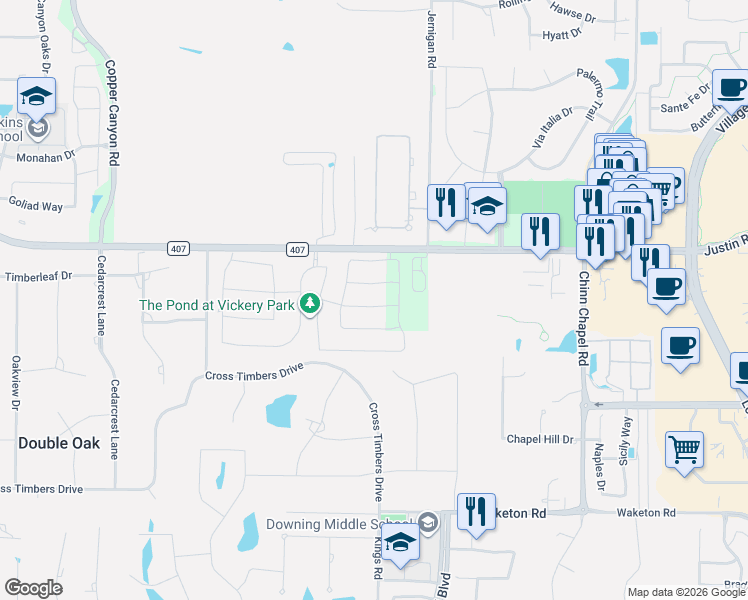 map of restaurants, bars, coffee shops, grocery stores, and more near 7999 Justin Road in Argyle