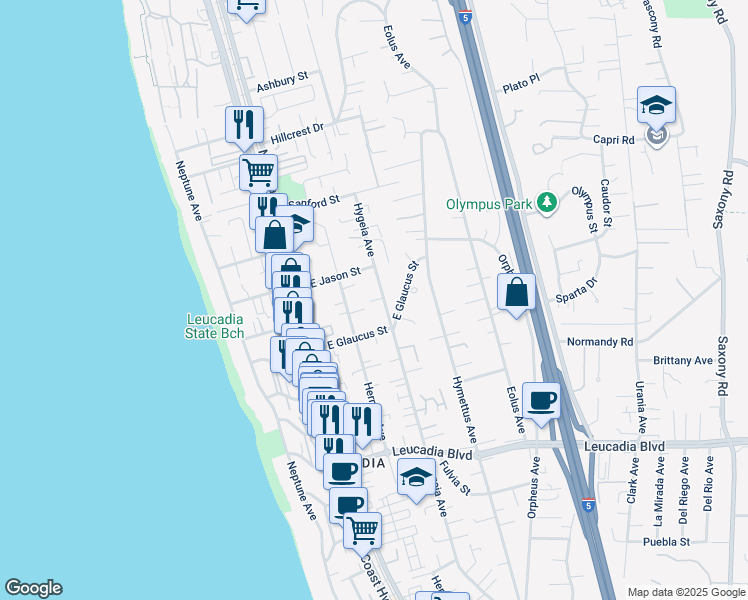map of restaurants, bars, coffee shops, grocery stores, and more near 1205 Hygeia Avenue in Encinitas
