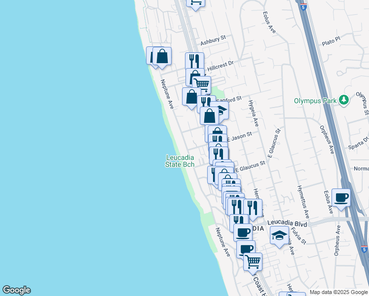 map of restaurants, bars, coffee shops, grocery stores, and more near 1320 Neptune Avenue in Encinitas