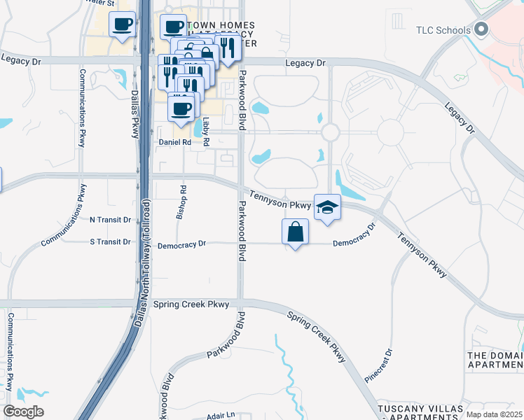 map of restaurants, bars, coffee shops, grocery stores, and more near 5600 Tennyson Parkway in Plano