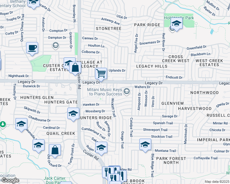 map of restaurants, bars, coffee shops, grocery stores, and more near 1944 Walters Drive in Plano