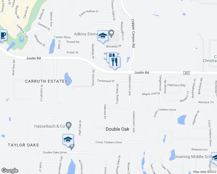 map of restaurants, bars, coffee shops, grocery stores, and more near 370 Oakview Drive in Lewisville